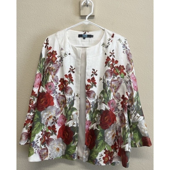 Eva Franco Anthropologie Rose Linen Blazer Cardigan Size M Floral Open - Picture 7 of 12